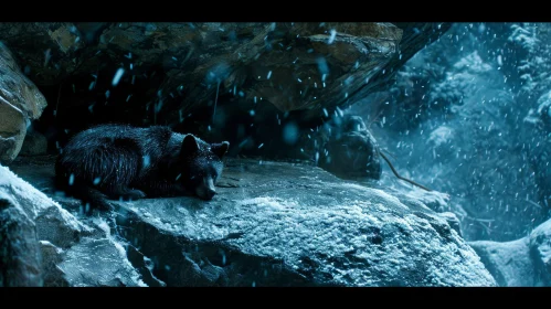 Winter Scene: Black Bear Sleeping in Snowy Forest