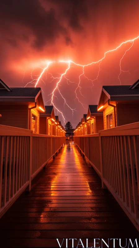 Captivating Lightning Strikes over Houses in Dark Orange and Light Gold AI Image