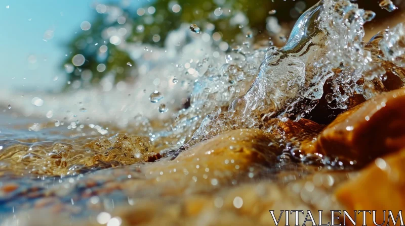 Close-up View of Water Splashing over Rocks on a Sunny Day AI Image