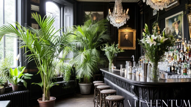 Elegant Bar Interior with Dark Wood Paneling and Marble Floor AI Image