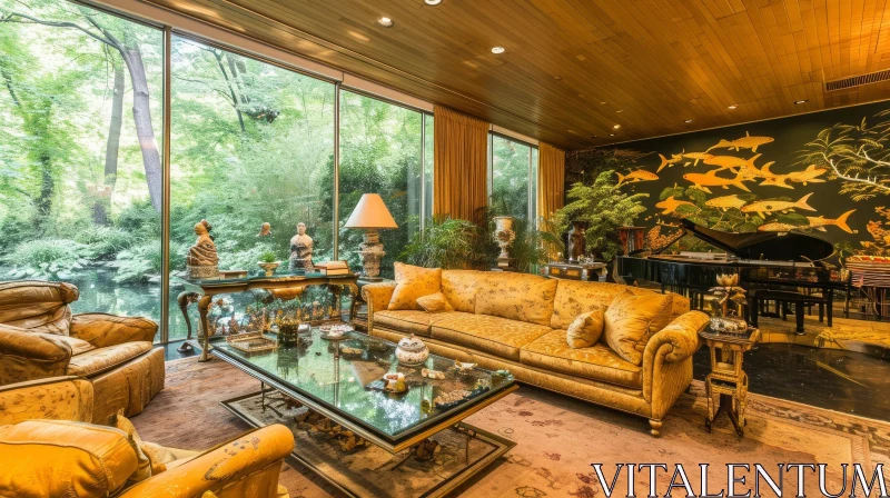 Elegant Living Room with Glass Window, Sofa, and Piano AI Image