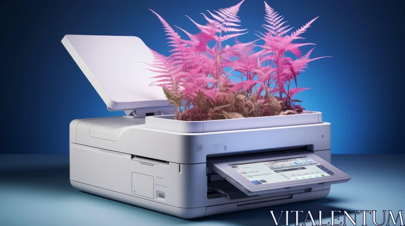 Futuristic White Printer with Pink Plants - 3D Illustration AI Image