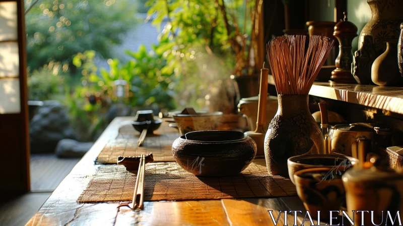 Japanese Tea Ceremony Still Life: Rustic Elegance and Tranquility AI Image