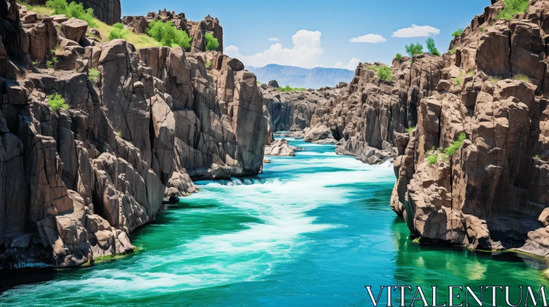 Majestic River Flowing Between Large Rocks and Green Water AI Image