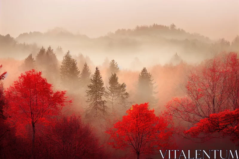 Red Trees in Fog: Mesmerizing Landscapes in Warm Tones AI Image
