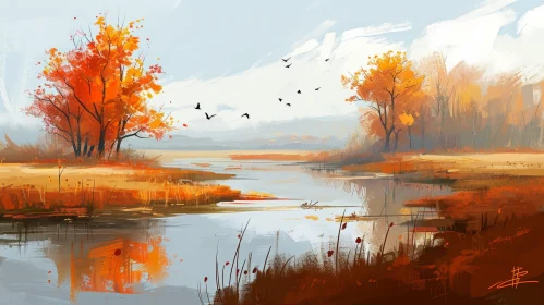 Serene Landscape Painting: Fall River Scene