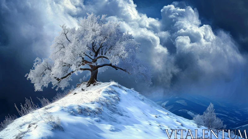 AI ART Winter Landscape: Serene Snow-Covered Tree on Hilltop