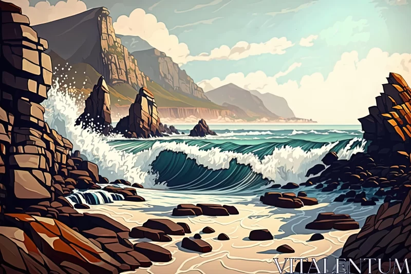 Crashing Waves in the Ocean: A Naturalistic Illustration AI Image