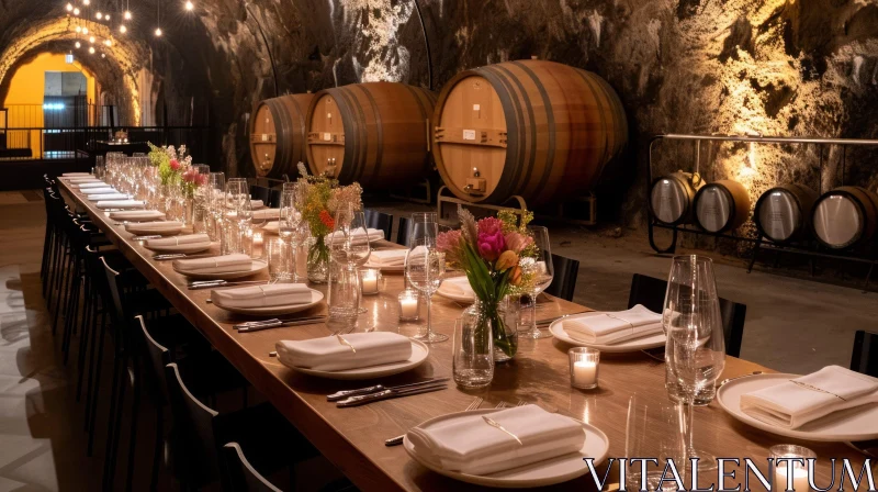 Elegant Dinner Setting in a Wine Cellar | Wooden Table, Flowers, Candles AI Image