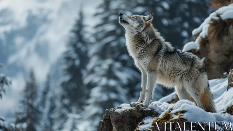 Majestic Wolf Howling in Snowy Landscape AI Image