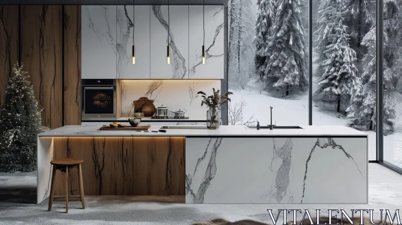 Modern Kitchen with Snowy Forest View - Minimalist Design AI Image