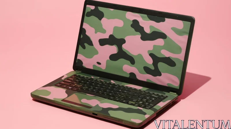 Open Laptop with Pink and Green Camouflage Pattern Display AI Image