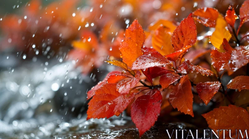 Rainy Red Leaves: A Close-up Nature Photography AI Image