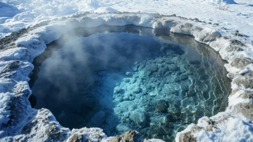Serene Hot Spring in Iceland: Captivating Blue Water and Snow-Covered Rocks