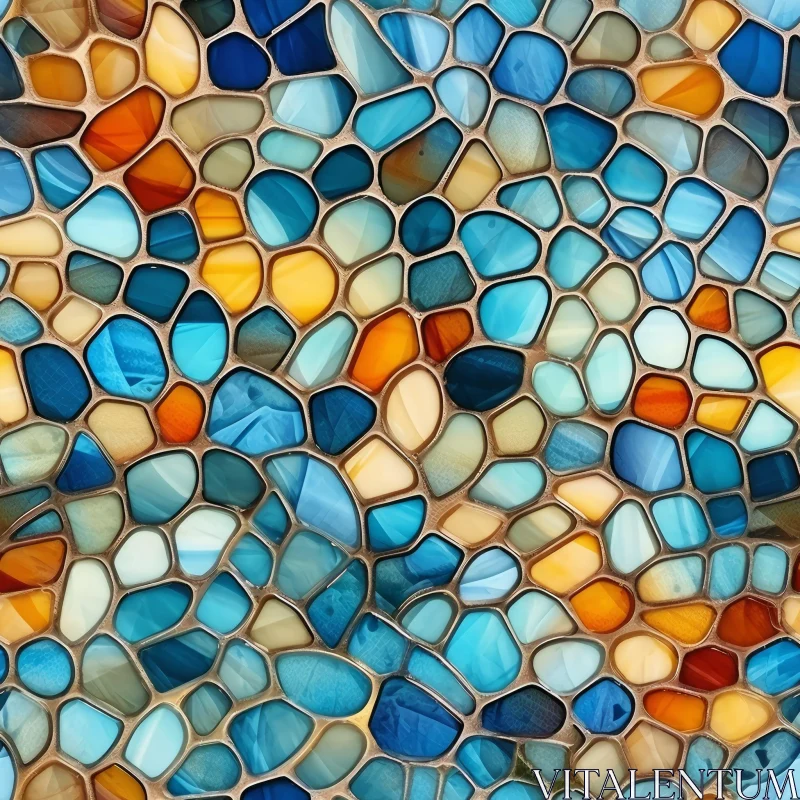 Stained Glass Mosaic Pattern in Blue, Orange, and Yellow AI Image