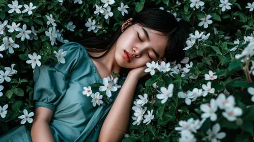 Tranquil Asian Woman Sleeping in Flower Field