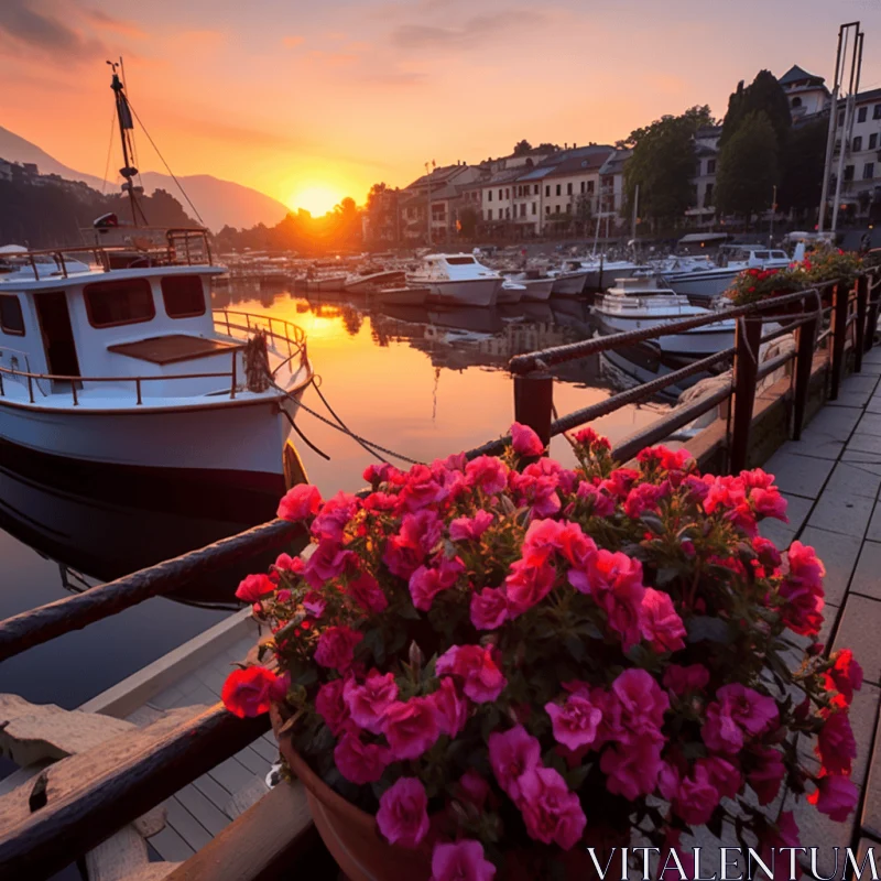 Tranquil Boat Docked in the Middle of Water with Intricate Floral Arrangements AI Image