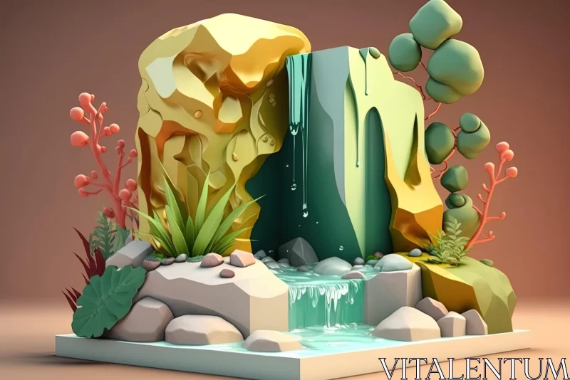 Vibrant Low Poly Desert Waterfall and Plants - Abstract Sculpture AI Image