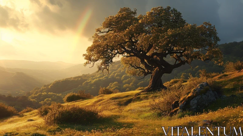 A Serene Natural Scene: Majestic Tree on Hilltop at Sunset AI Image