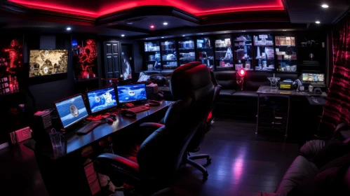 Dark Modern Gaming Room with Computer Monitors and Video Games