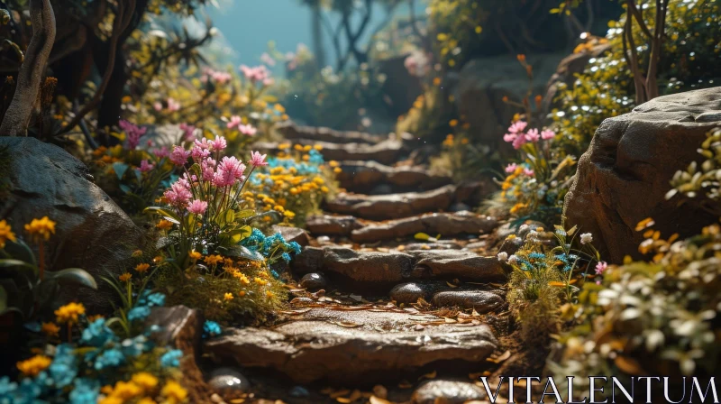 Enchanting Forest Path with Stone Walkway AI Image