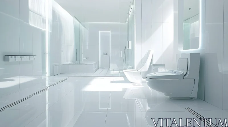 Futuristic 3D Rendering of a Spacious and Bright Bathroom with White Fixtures AI Image