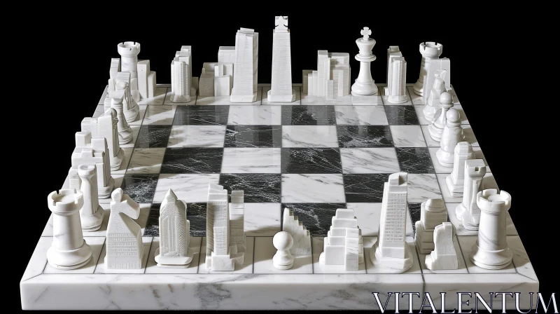 Intricate Chess Set: White Marble Pieces Carved into Buildings AI Image