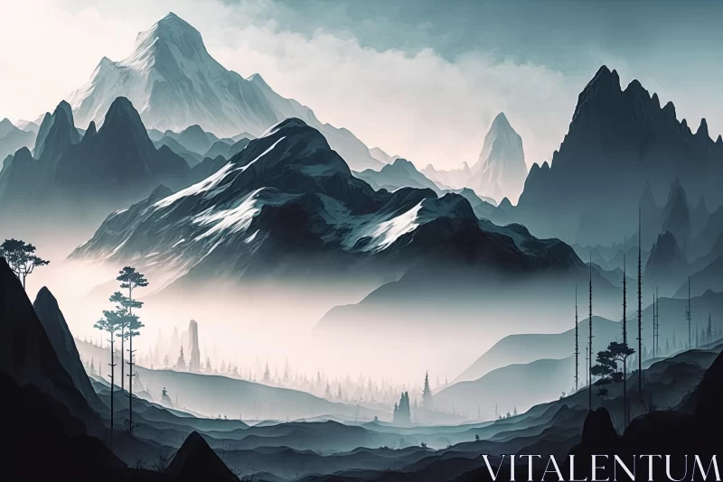 Mountain Landscape in Fog - Realistic Fantasy Artwork AI Image