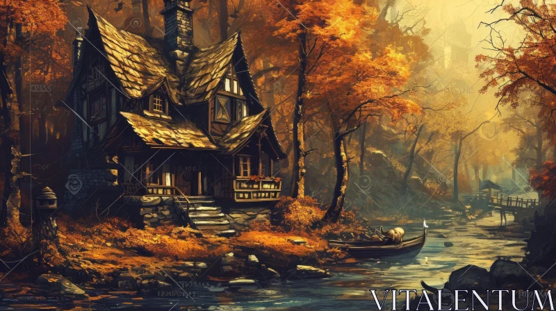Peaceful Painting of a House in the Woods AI Image