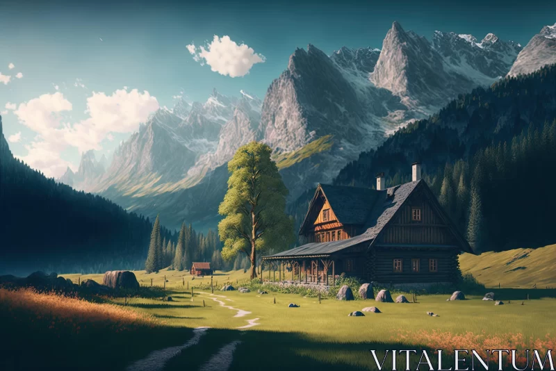 Breathtaking Mountain House: A Highly Detailed and Tranquil Rural Life Depiction AI Image