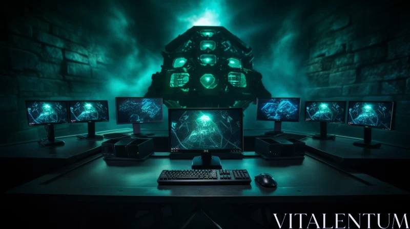 Enigmatic Green Orb in Dark Room with Computer Monitors AI Image