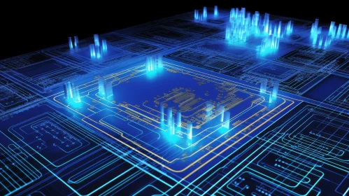 Intricate 3D Circuit Board Rendering with Glowing Blue and Yellow Details