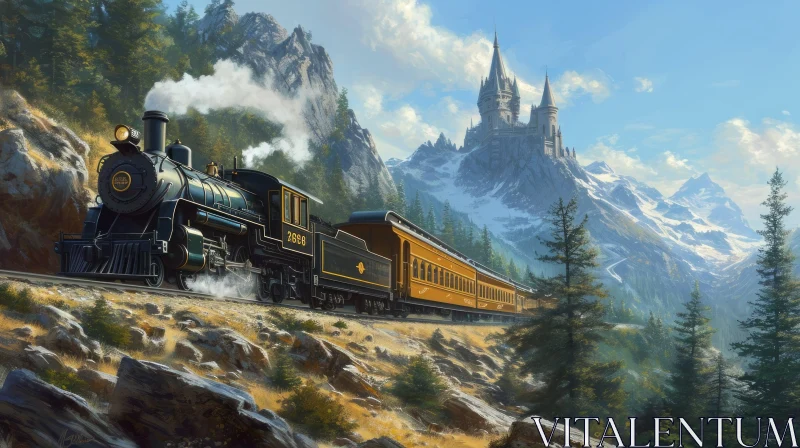 Majestic Train Painting in Mountainous Landscape AI Image