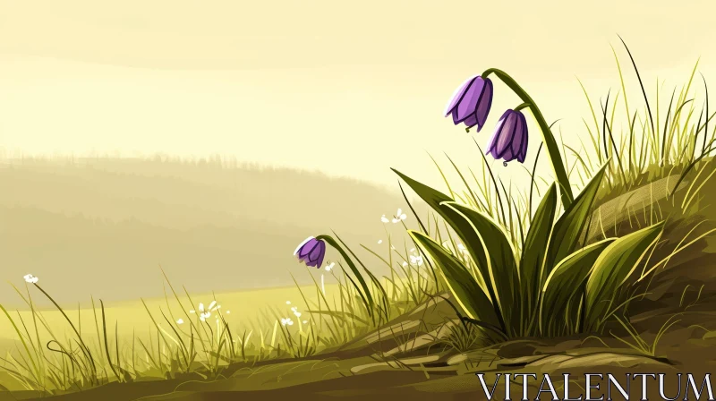 Purple Flowers in a Field - Digital Painting with a Serene Atmosphere AI Image