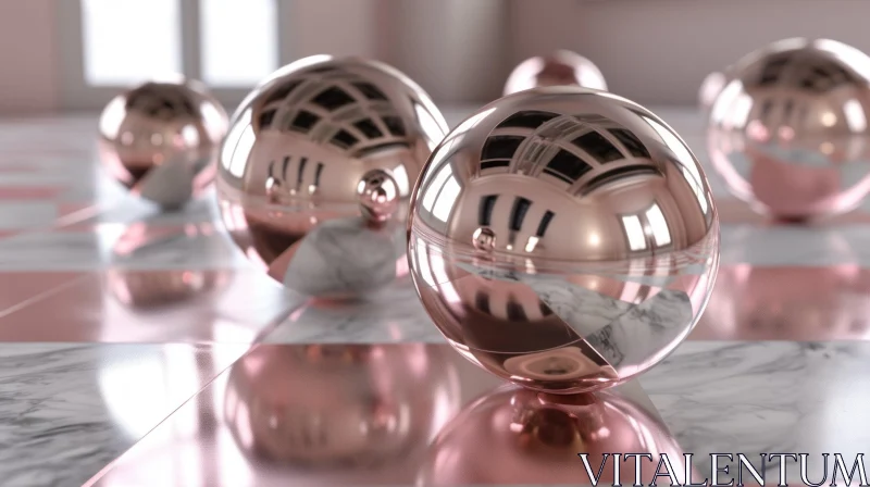 Reflective Pink Metal Spheres on Marble Floor AI Image