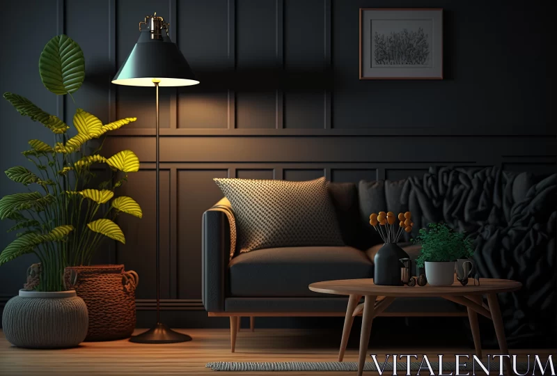 Serene Living Room Interior with Lamp, Black Wall, and Green Plants AI Image