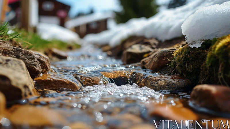 Serene Winter Landscape with Flowing Stream and Snowy Rocks AI Image