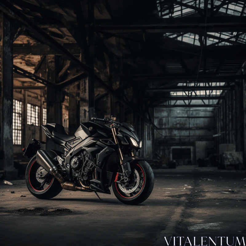 Sleek and Mysterious Motorcycle in an Abandoned Warehouse AI Image