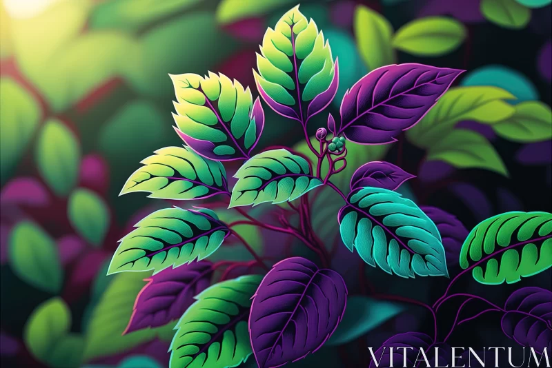 Vibrant 3D Illustration of Leaves in the Jungle | Purple and Green AI Image
