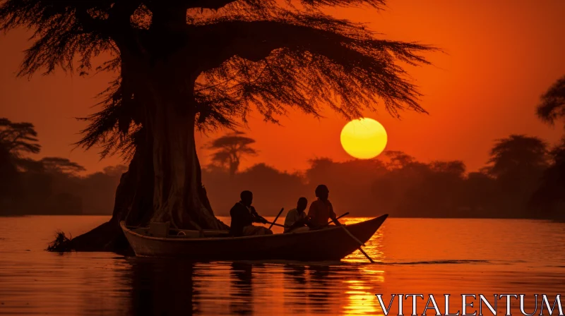 Captivating Sunset: People in a Boat on a Tranquil River AI Image