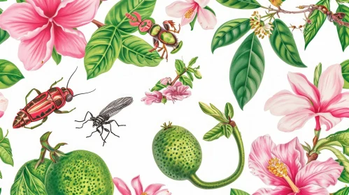 Delicate Tropical Pattern with Pink Hibiscus Flowers and Green Leaves