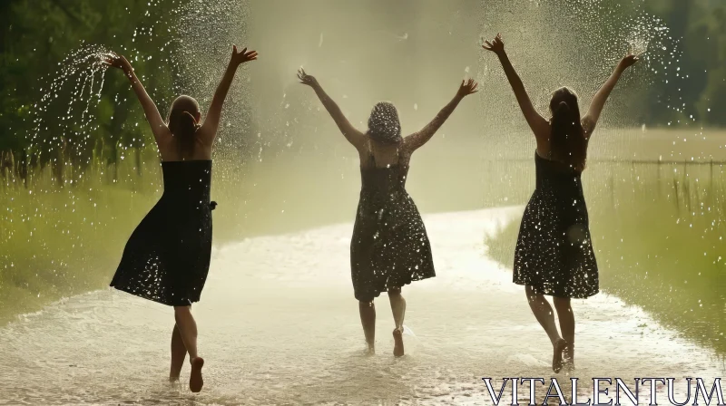AI ART Exquisite Rain Dance: Three Women Embrace Joy and Freedom