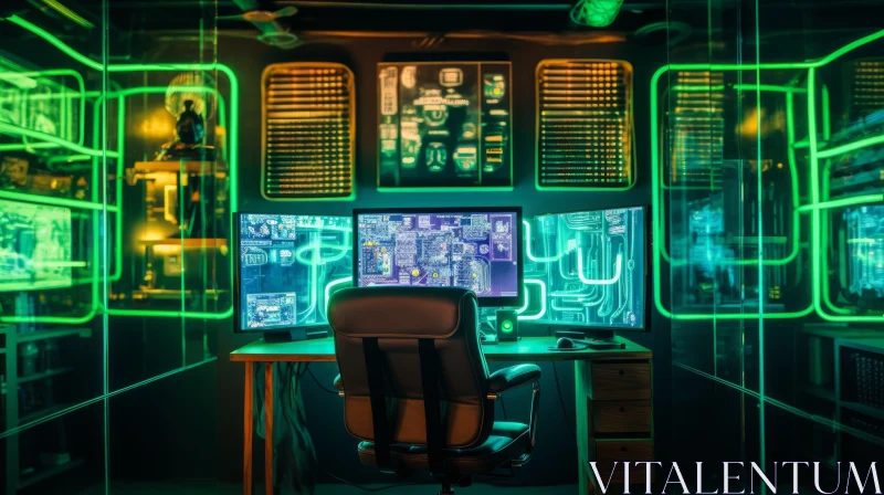 Intriguing Dark Room with Glowing Green Computer Screens AI Image