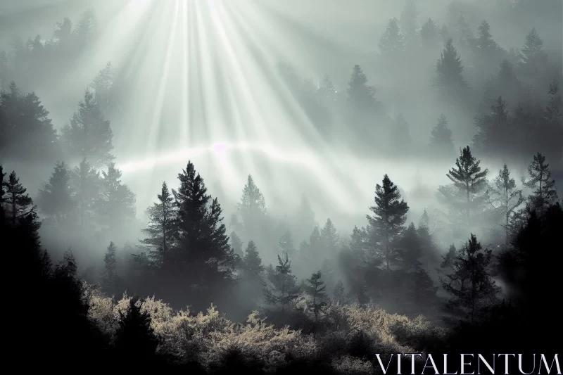 Misty Pine Forest with Sunrays | Captivating Nature Photography AI Image