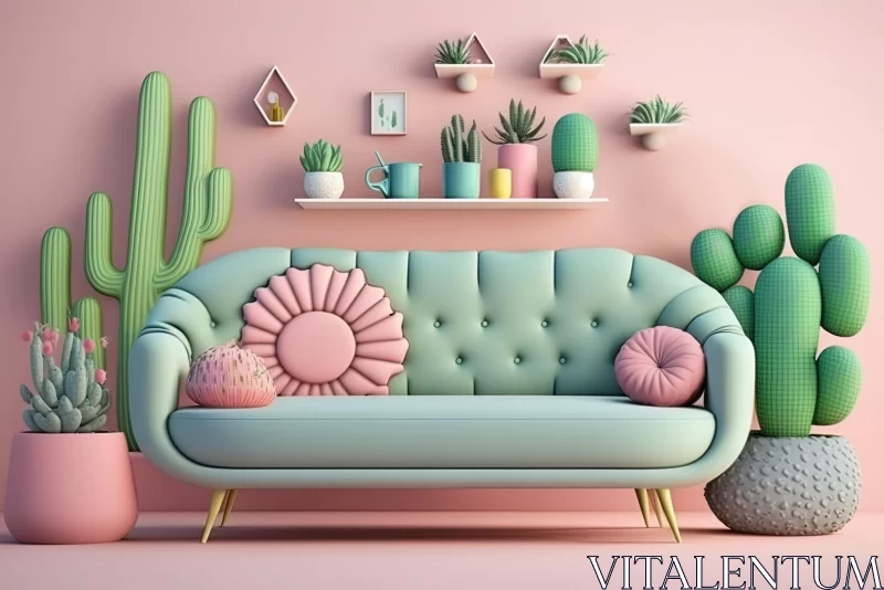 Vintage-inspired Living Room with Cactus and Plant AI Image