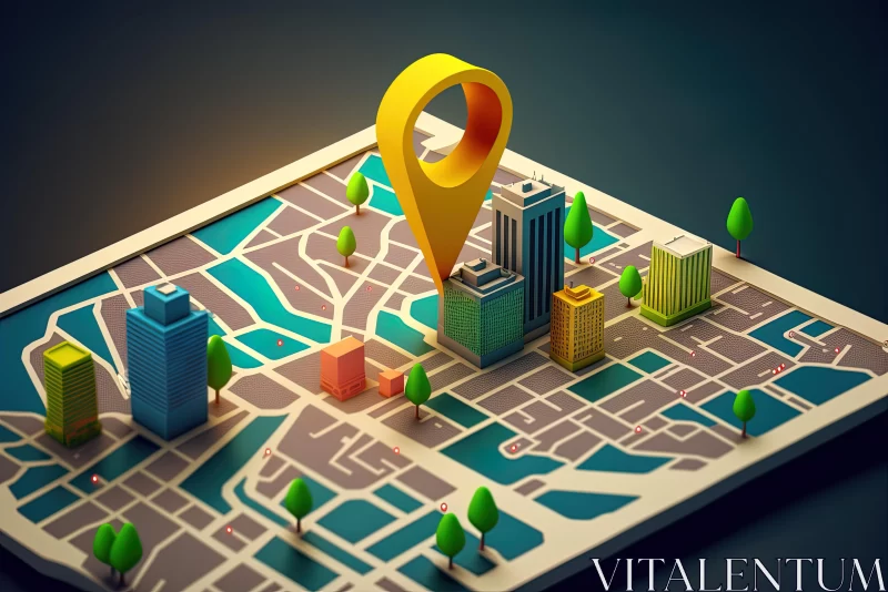 City Map with Yellow Pin Point Marker - 3D Illustration AI Image