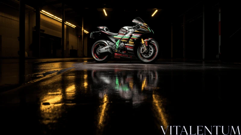 Colorful Impressionist Motorcycle in Dark Warehouse - Artistic Imagery AI Image