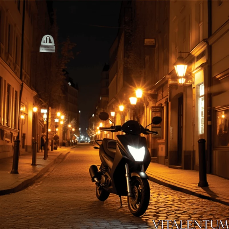 Sleek Black Motorcycle Parked on Cobblestone Street at Night AI Image