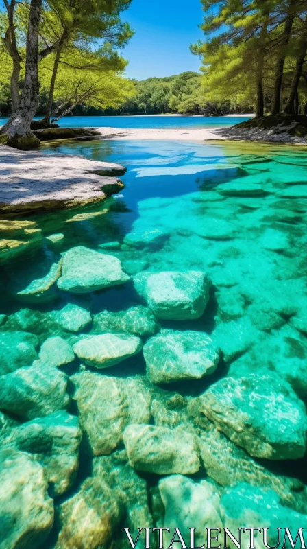 Tranquil Lake: Crystal Blue Water Surrounded by Rocks and Trees AI Image