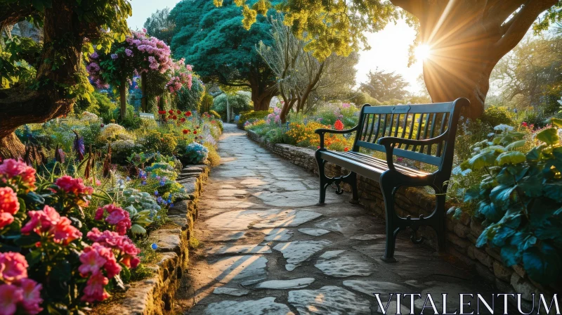 Tranquil Park with Stone Path, Bench, and Flowers AI Image